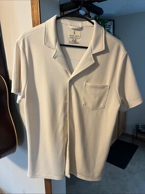 Scott James Men's Cream Short-Sleeve Camp Collar Button-Down Shirt